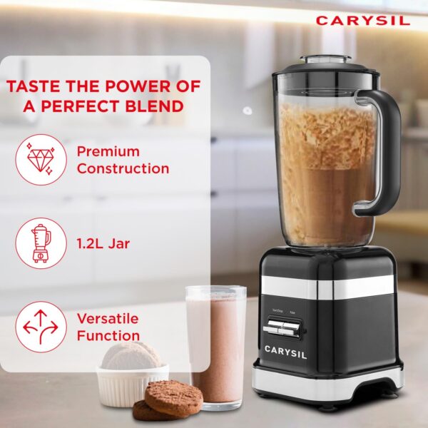 Carysil Blender | Juicer, Mixer, Grinder, Smoothie Maker | Heavy Duty ABS Body | 220 V Power with 1.2L Blender Jar | Variable Speed Control | Black Finish - Image 4