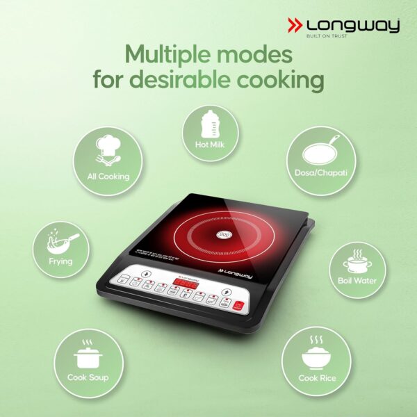 Longway Elite Plus IC 2000 Watt Induction Cooktop with Auto Shut-Off & Over-Heat Protection With 8 Cooking Mode & BIS Approved | 1-Year Warranty | (Black, Push Button) - Image 5