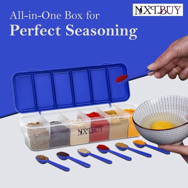 NXTBUY Multipurpose 6-in-1 Masala Box for Kitchen| Airtight BPA-Free Plastic 6 Section Storage Container with 6 Spoons, 1800 ml Transparent Pickle Box for Spices| Dry Fruits, Snacks Pack Of 1 (Blue) - Image 5