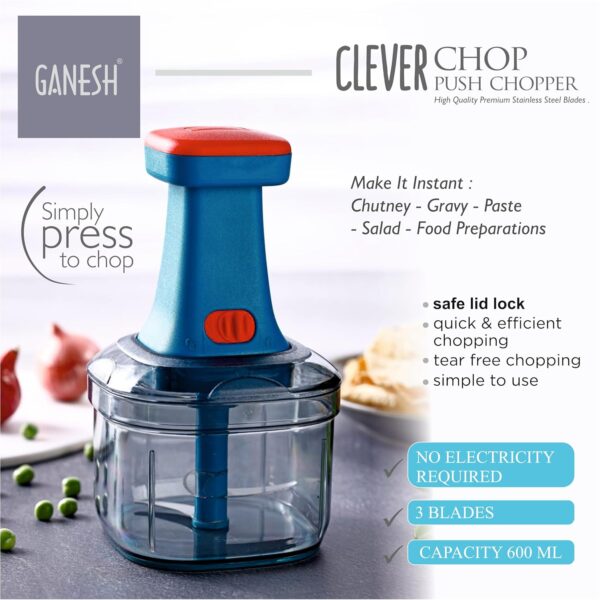 Ganesh Clever Chop Push Chopper Manual Hand Press Push Chopper with 3 Blades for Effortless Chopping Vegetables & Fruits-600ML, Multicolor - Image 6