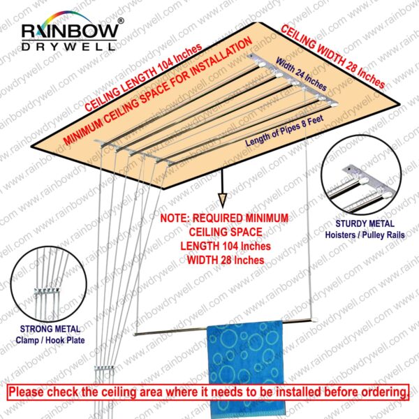 Rainbow Drywell Heavy Duty Stainless Steel Luxury(6 Pipes X 8 Feet)UV Protected Nylon Ropes Individual dropdown Ceiling Cloth Dryer/Cloth Hanger/Cloth Drying Stand for Balcony/Clothes Stand for Drying - Image 3