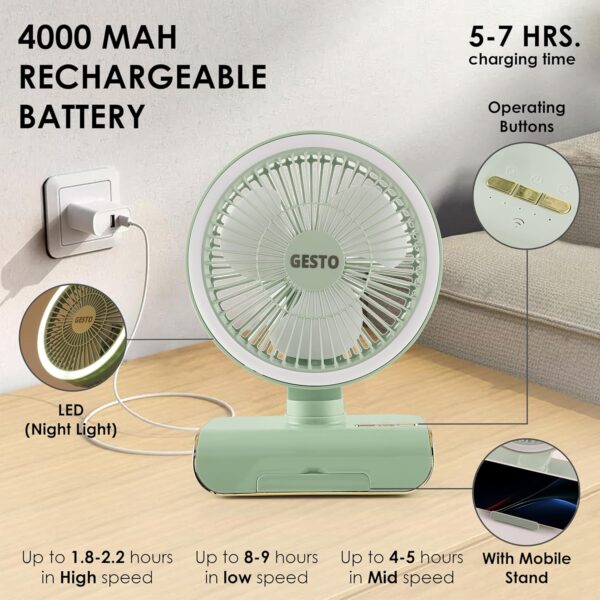 Gesto 8-Inch Rechargeable Table Fan With Remote & Oscillation – 4000mAh Battery, Mobile Stand,LED Light | 5-Speed USB Charging Portable Fan for Desk,Home, Office, Kitchen | High-Speed Cooling -Green - Image 5