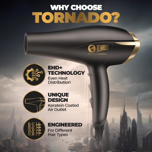 Beardo Studio Professional Tornado Hair Dryer with 2000 Watts Power | AC Motor, Concentrator, Diffuser, 2 Speeds, 3 Temperature Settings & Cool Shot feature | Suitable for Professional Drying Experience | Gift For Brother | Gift For Friends - Image 4