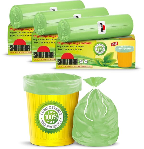 Shalimar Compostable Garbage Bags Size 19 X 21 Inches (Medium) 45 Bags (3 Rolls) Dustbin Bag/Trash Bag - Green Color, 45 Count - Image 2