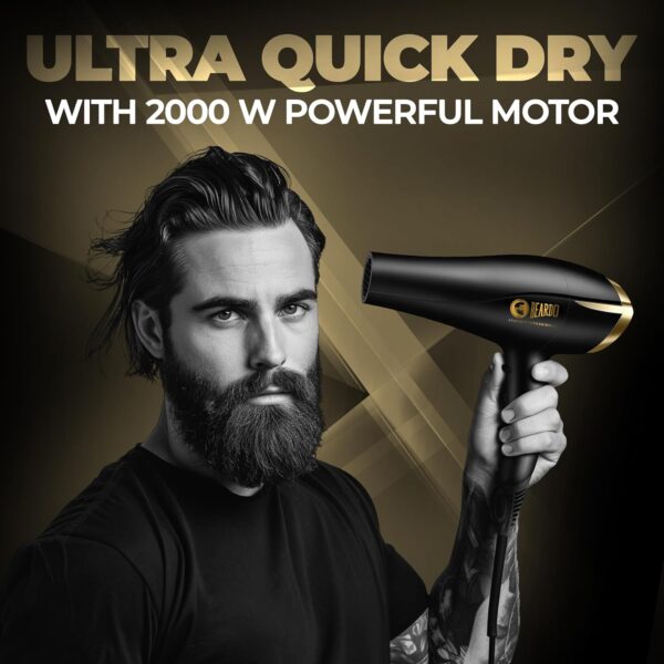 Beardo Studio Professional Tornado Hair Dryer with 2000 Watts Power | AC Motor, Concentrator, Diffuser, 2 Speeds, 3 Temperature Settings & Cool Shot feature | Suitable for Professional Drying Experience | Gift For Brother | Gift For Friends - Image 3