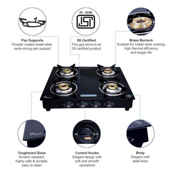 MILTON Premium 4 Burner Black Manual Ignition Glass Top Gas Stove, (ISI Certified) - Image 6