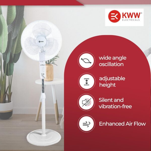 KWW Manza 400mm Pedestal Fan | 100% Copper Winding | Noise and Vibration Free | 3-Speed Control | Jerk Free Oscillation | 2-Yr Warranty (White) - Image 7