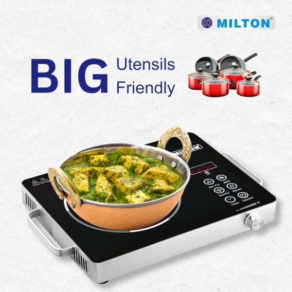 MILTON Classic 2200 Watt Infrared Cooktop with Crystal Glass & Touch Panel | 4 Pre set cooking Modes | Stir-fry | BBQ | Hot Pot | Steam | 60°C to 600°C | Digital time & Watt display - Classic SIlver - Image 3