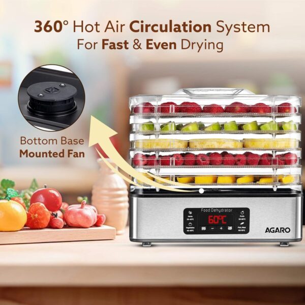 AGARO Regal Food Dehydrator, 5 Stackable Stainless Steel Trays, Digital Adjustable Timer & Temperature Control, Food Preserver Machine with Drying Capacity for Fruits, herbs, Veggies, Silver - Image 8