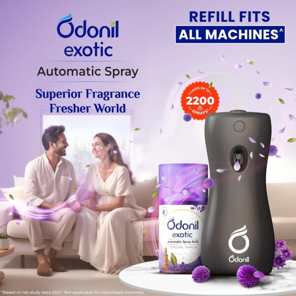 DABUR Odonil Exotic Automatic Spray- 225Ml | Machine + 1 Refill | Sensual Dahlia | 2X Long Lasting | 2200 Sprays Guaranteed | Lasts Upto 60 Days | Suitable for Washroom, Gym area, Living Room & Office - Image 3