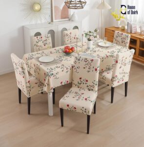 House of Quirk Polyvinyl Chloride (PVC) Dining Chair Cover With Rectangular Table Covers For Kitchen Waterproof Dining Table Cloth (Beige Tulip, 1 Rectangular Table Cover + 6 Chair Cover) - Image 4