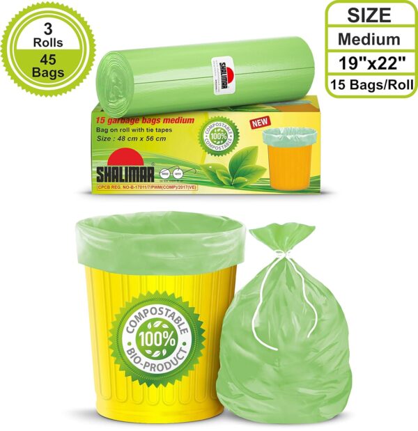 Shalimar Compostable Garbage Bags Size 19 X 21 Inches (Medium) 45 Bags (3 Rolls) Dustbin Bag/Trash Bag - Green Color, 45 Count - Image 3