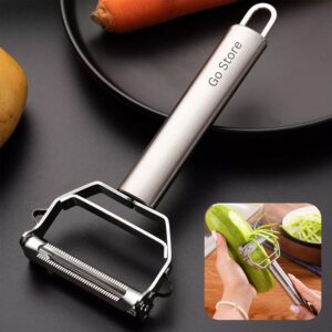 Go Store 2 in 1 Stainless Steel Julienne Vegetable Peeler Multi-Functional Fruit & Veggie Shredder, Slicer, and Grater for Potatoes, Carrots, Cucumbers (Silver, 18 x 8.2 x 2.4 cm) - Image 2