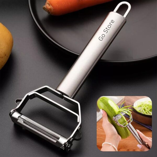 Go Store 2 in 1 Stainless Steel Julienne Vegetable Peeler Multi-Functional Fruit & Veggie Shredder, Slicer, and Grater for Potatoes, Carrots, Cucumbers (Silver, 18 x 8.2 x 2.4 cm) - Image 2