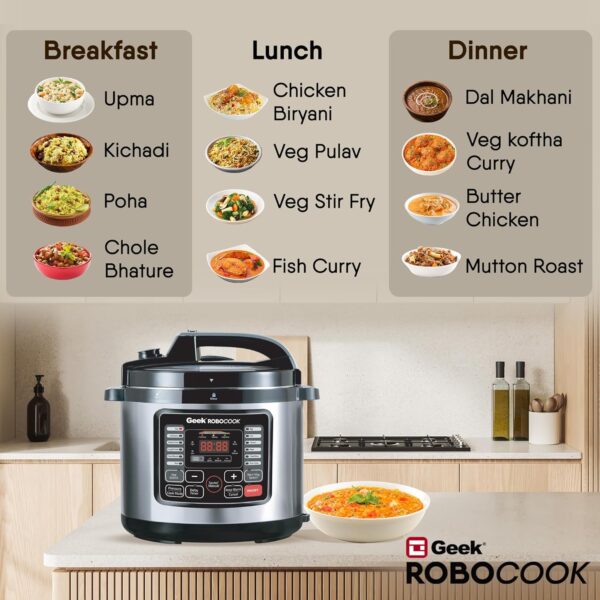 Geek Robocook Nuvo 11-in-1 Automatic Electric Pressure Cooker 8 Litre | 2 Year Warranty | 17 India Preset Menu, Instant Electric Cooker Pot, Multipurpose Electric Rice Cooker (Stainless Steel, 8L) - Image 5