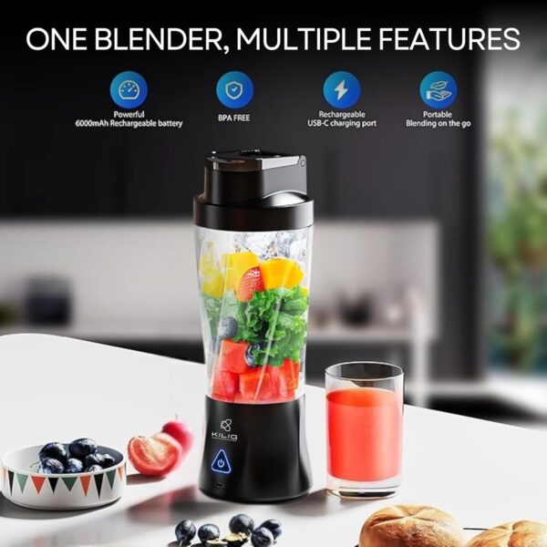 Kilig Vortex Pro 360W Dual Mode Portable Blender for Smoothie and Juices, 6000 mAh Battery, 2in1 700ml Jar, 22000RPM, 6 Sided Blade, USB Type C, Juicer, Mixer, Blender Machine for Kitchen - BT - Image 5