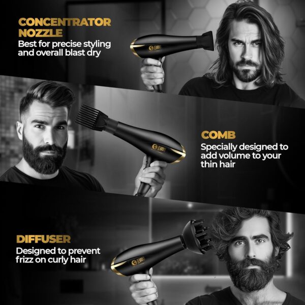 Beardo Studio Professional Tornado Hair Dryer with 2000 Watts Power | AC Motor, Concentrator, Diffuser, 2 Speeds, 3 Temperature Settings & Cool Shot feature | Suitable for Professional Drying Experience | Gift For Brother | Gift For Friends - Image 7