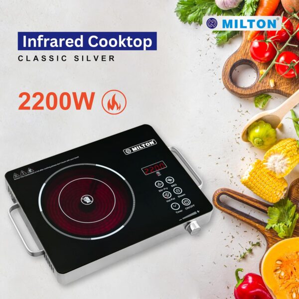 MILTON Classic 2200 Watt Infrared Cooktop with Crystal Glass & Touch Panel | 4 Pre set cooking Modes | Stir-fry | BBQ | Hot Pot | Steam | 60°C to 600°C | Digital time & Watt display - Classic SIlver - Image 4