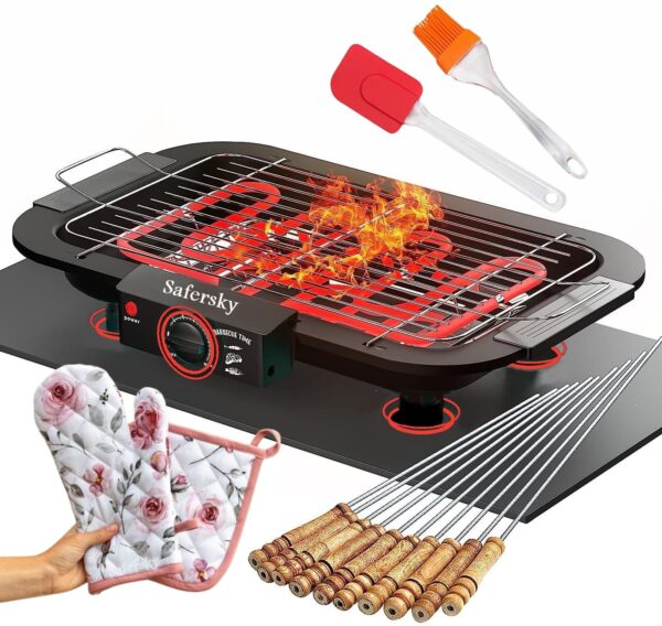 SAFERSKY Electric Barbeque Grill Home 2000W Non Stick Electric Bbq Grill Temperature Control Tandoori Maker Smokeless Barbeque Grill Set For Indoor/Outdoor 12 Stick, Gloves Set, And 2 Oil Brush - Image 2