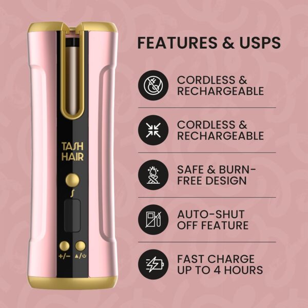 Tash Hair Twirl-Automatic Cordless Hair Curler|Professional Curling Iron With Ceramic Barrel|Portable&Rechargeable With Multiple Temperature&Heat Settings|60 Min Runtime With 1 Year Warranty-Blush - Image 4