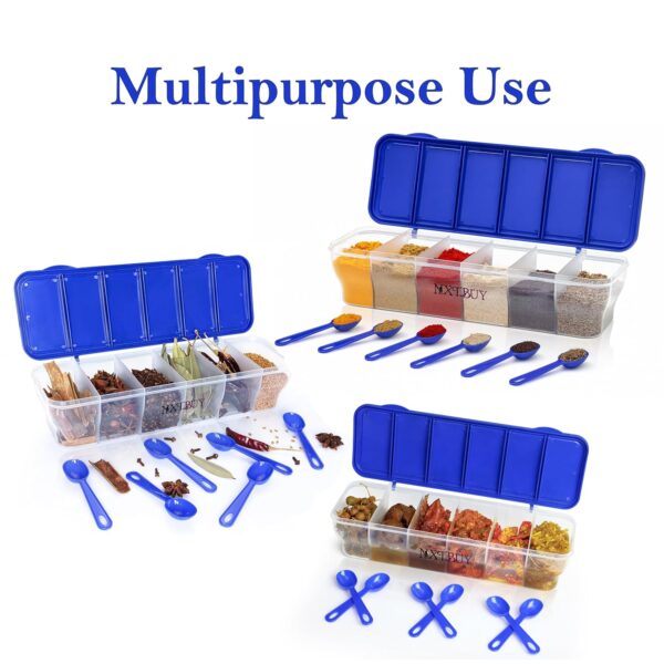 NXTBUY Multipurpose 6-in-1 Masala Box for Kitchen| Airtight BPA-Free Plastic 6 Section Storage Container with 6 Spoons, 1800 ml Transparent Pickle Box for Spices| Dry Fruits, Snacks Pack Of 1 (Blue) - Image 7