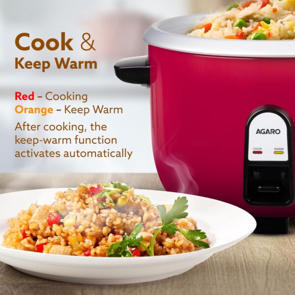 AGARO Regency Electric Rice Cooker, 5 litres, Aluminium Inner Pot, Stainless Steel Lid, 1500W, 4Kgs (approx. 27 cups) raw rice, Keep Warm Function, Measuring Cup, Spatula, Red - Image 5