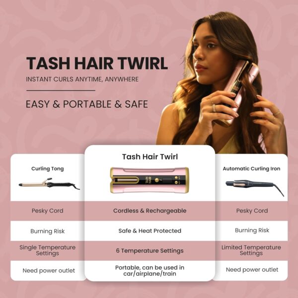 Tash Hair Twirl-Automatic Cordless Hair Curler|Professional Curling Iron With Ceramic Barrel|Portable&Rechargeable With Multiple Temperature&Heat Settings|60 Min Runtime With 1 Year Warranty-Blush - Image 3