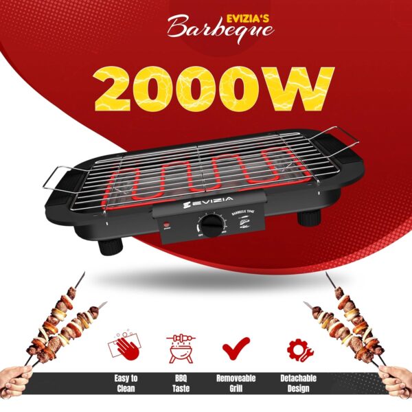 EVIZIA 2000W Electric Smokeless Portable Adjustable Temperature Control Indoor&Outdoor Barbeque Grill Set For Home Removable Water Filled Drip Tray-Black(Electric Bbq With Skewers) Free Standing - Image 4