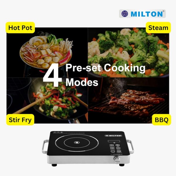 MILTON Classic 2200 Watt Infrared Cooktop with Crystal Glass & Touch Panel | 4 Pre set cooking Modes | Stir-fry | BBQ | Hot Pot | Steam | 60°C to 600°C | Digital time & Watt display - Classic SIlver - Image 6