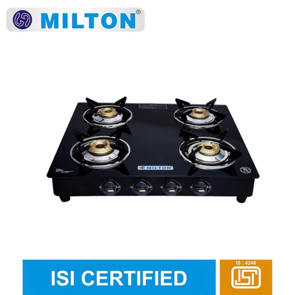 MILTON Premium 4 Burner Black Manual Ignition Glass Top Gas Stove, (ISI Certified) - Image 3