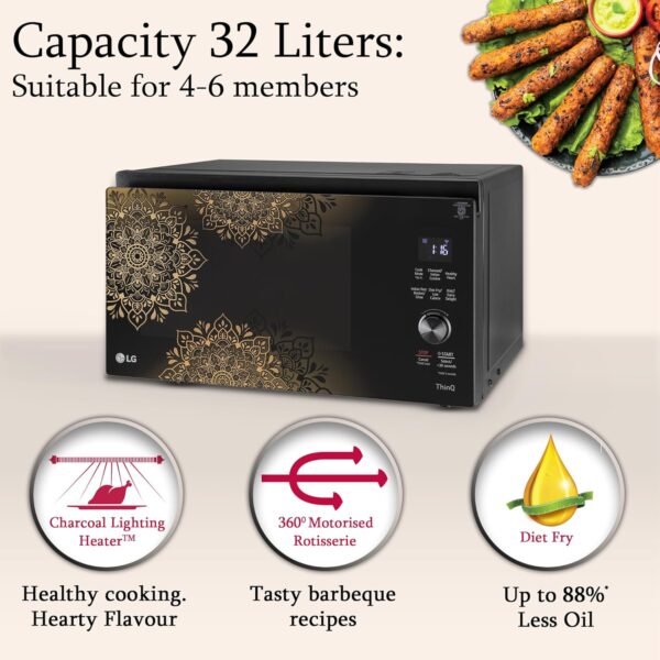 LG 32 L Scan to Cook Wi-Fi Enabled Charcoal Convection Healthy Microwave Oven (MJEN326UIW, Black - Regal Pattern, Heart Friendly Recipes, Pasteurized Milk, Ghee, Diet Fry & 360° Motorised Rotisserie) - Image 3