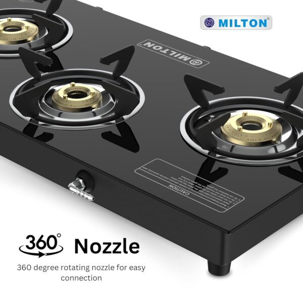 Milton Premium Pro 3 Burners Auto Ignition Gas Stove | ISI Certified | 6mm Toughened Glass Top | 360 Degree Nozzle | Heavy Duty Pan Support | Pure Brass Burners | 1 Year Manufacturer's Warranty -Black - Image 5