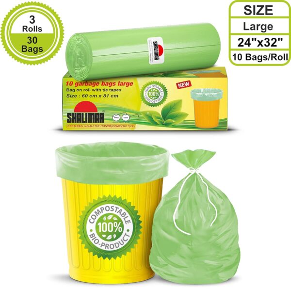 Shalimar Compostable Garbage Bags Large Size 24x32 Inches|30 Bags (Pack of 3 Rolls with 10 Bags Each) Dustbin Bag/Trash Bag (Green) - Image 3