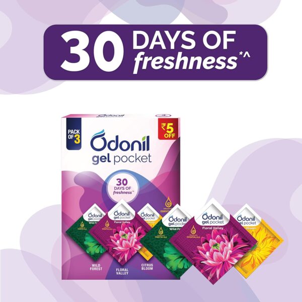 Odonil Gel Pocket Mix - 30g (Assorted pack of 3 new fragrances) | Infused with Essential Oils | Germ Protection |Long Lasting | Lasts Up to 30 days | Air Freshener for Bathroom, Toilet, Home & Office - Image 5