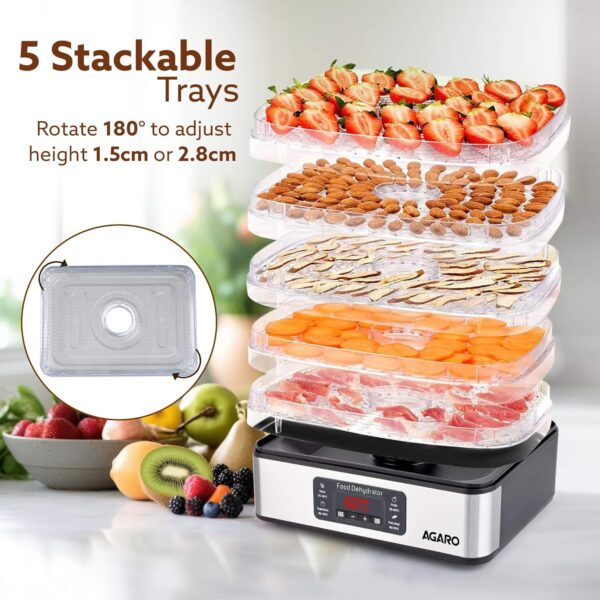 AGARO Regal Food Dehydrator, 5 Stackable Stainless Steel Trays, Digital Adjustable Timer & Temperature Control, Food Preserver Machine with Drying Capacity for Fruits, herbs, Veggies, Silver - Image 5