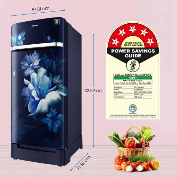 Samsung 189L 5 Star, Inverter, Direct-Cool Single Door Refrigerator (RR21C2H25UZ/HL,Midnight Blossom Blue) Base Stand Drawer - Image 5