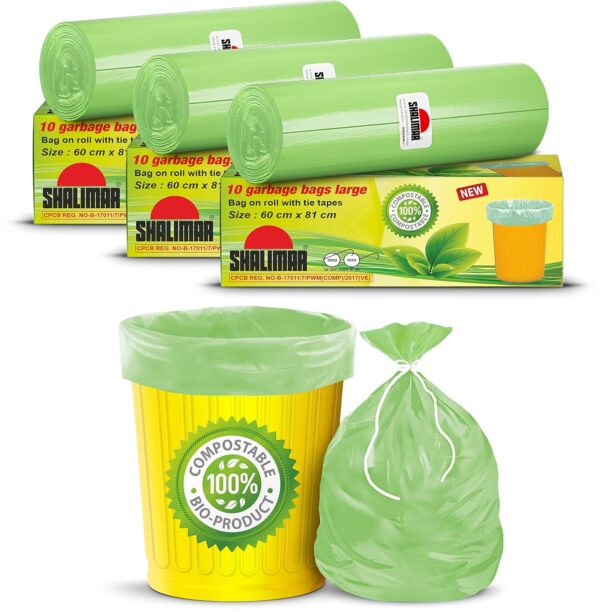 Shalimar Compostable Garbage Bags Large Size 24x32 Inches|30 Bags (Pack of 3 Rolls with 10 Bags Each) Dustbin Bag/Trash Bag (Green) - Image 2