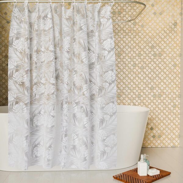 Kuber Industries Shower Curtain | PVC Shower Curtain with Hooks | Shower Curtain for Bathroom | AC Shower Curtain | Self Leaf Bathroom Shower Curtain | 7 Feet | Pack of 2 | White - Image 3