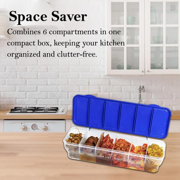 NXTBUY Multipurpose 6-in-1 Masala Box for Kitchen| Airtight BPA-Free Plastic 6 Section Storage Container with 6 Spoons, 1800 ml Transparent Pickle Box for Spices| Dry Fruits, Snacks Pack Of 1 (Blue) - Image 6