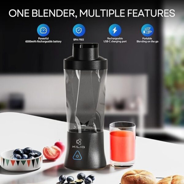 Kilig Vortex Pro 360W Dual Mode Portable Blender for Smoothie and Juices, 6000 mAh Battery, 2in1 700ml Jar, 22000RPM, 6 Sided Blade, USB Type C, Juicer, Mixer, Blender Machine for Kitchen - BL - Image 6