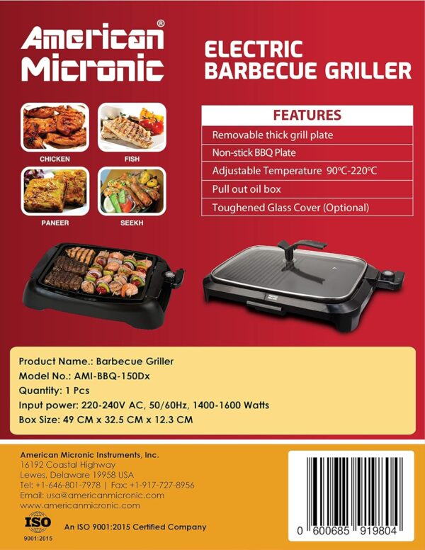 AMERICAN MICRONIC-Barbeque Griller, 1500 Watt with Variable temprature control and Toughened Glass lid (Black)-AMI-BBQ-150Dx - Image 6