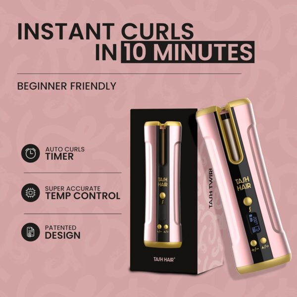 Tash Hair Twirl-Automatic Cordless Hair Curler|Professional Curling Iron With Ceramic Barrel|Portable&Rechargeable With Multiple Temperature&Heat Settings|60 Min Runtime With 1 Year Warranty-Blush - Image 5