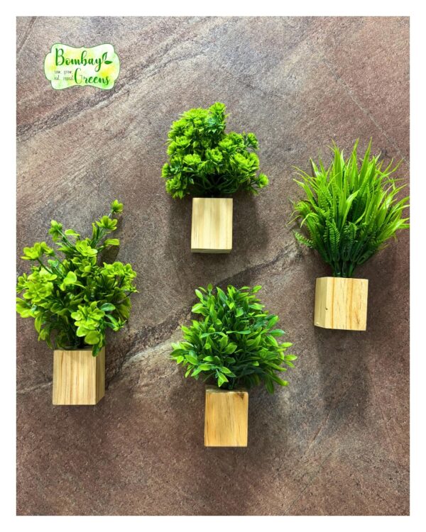 Bombay Greens Wooden Wall Planter| Mini Square Wall Planter for Indoor Plant | Wall Décor Planter for Living Room, Kitchen, Office, Home – Set of 4 with Artificial Plants and Double Sided Tape - Image 2