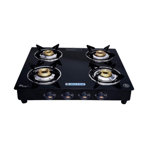 MILTON Premium 4 Burner Black Manual Ignition Glass Top Gas Stove, (ISI Certified) - Image 2