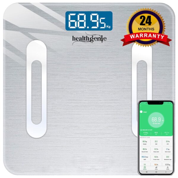 Healthgenie Smart Bmi Weight Machine For Body Weight With 18 Body Parameters Sync With Mobile App, 2 Yrs Warranty Bluetooth Weighing Machine Metallic Shine (Hb-411), 180 kg - Image 3