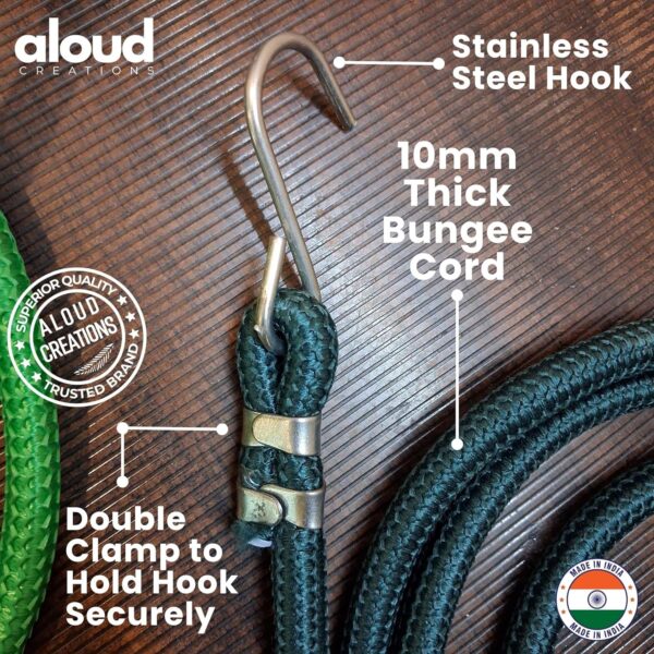 ALOUD CREATIONS 2Pc Super Strong Thick Elastic rope with hook | 10mm Dia., 6 Feet Length, Stretched Up to 10 Feet | Stretchable rope for clothes drying, Luggage rope for bikers, Bungee Cord, Bike rope - Image 4