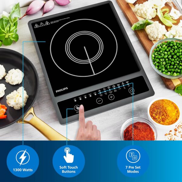 Philips HD4934/00 1300W Induction Cooktop with Triple MOV for 4kW surge protection with soft touch control | 7 Preset Menus | 3 Years warranty on Coil - Image 3