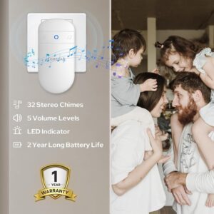Costar Wireless Door Bell Kits Chime For Home Office With LED Light 300 Meter 1000 Feet Operating Range 32 Ringtones 5 Levels Volume,1 Receiver&1 Push Button Ip44 Waterproof(Pebble T300-M508) - Image 3