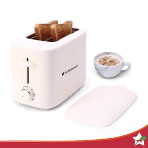 "Stainless steel bread toaster with two slices of golden toast popping up"