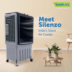 "Portable air cooler placed in a bedroom providing cool airflow on a hot day"